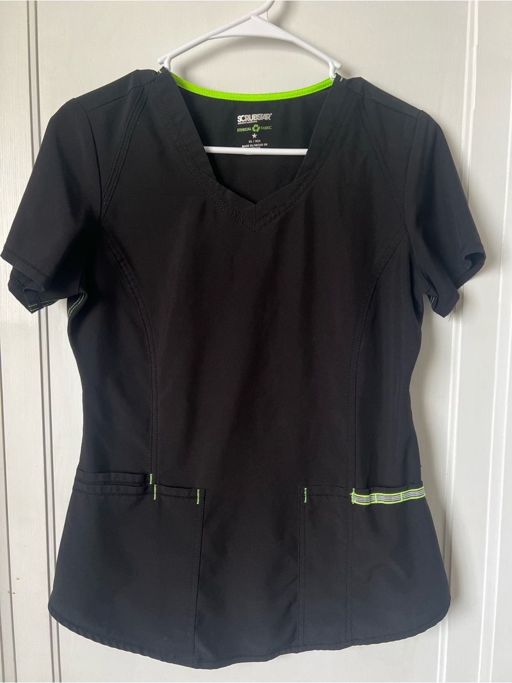 Scrubstar Black Short Sleeve V-Neck Scrub Top with Lime Trim